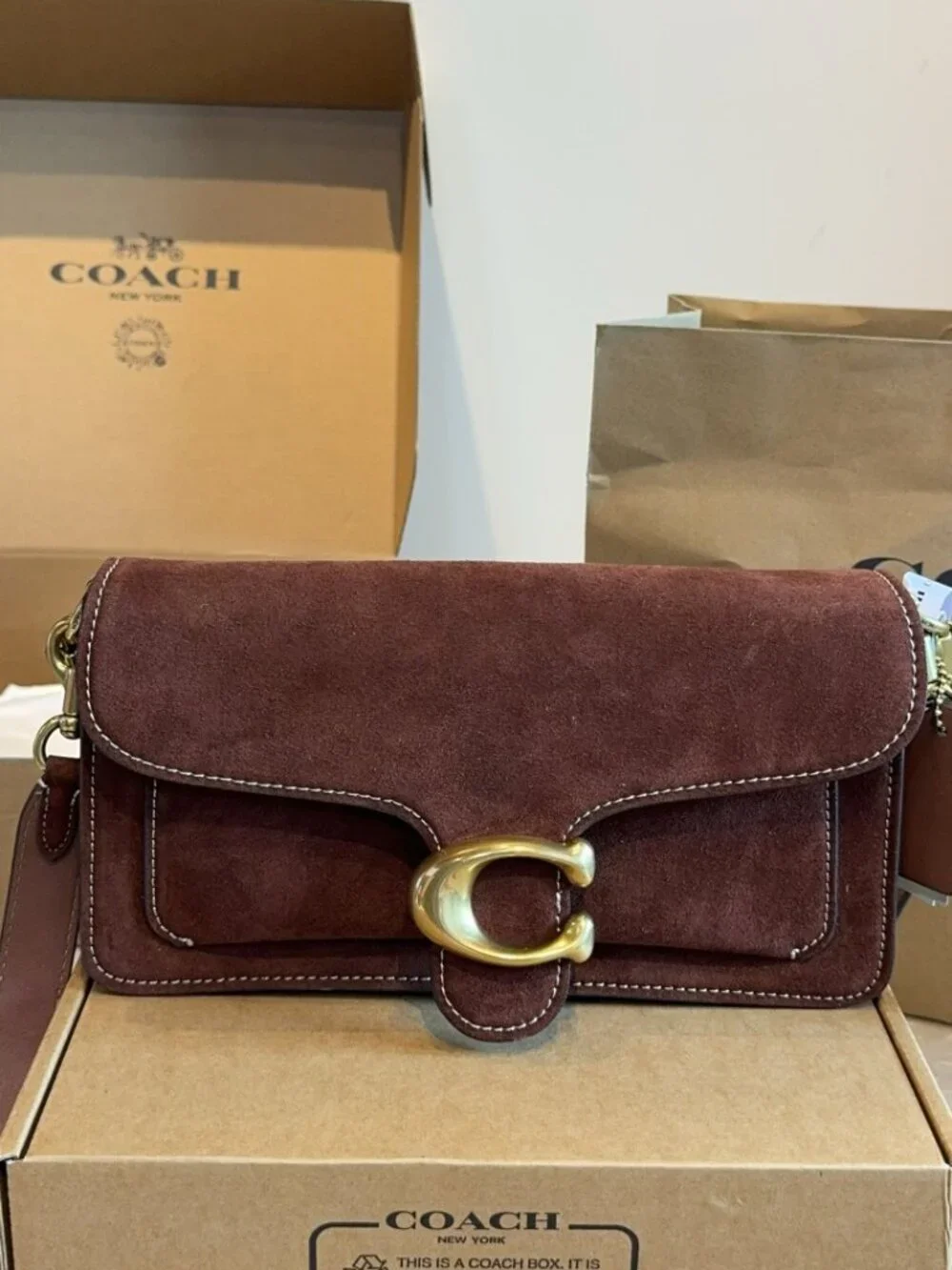 Coach Tabby Baguette Dark Brown Suede Shoulder Bag